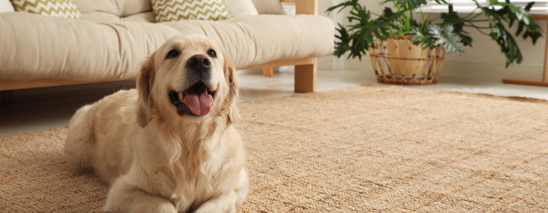 a dog sitting on the carpet